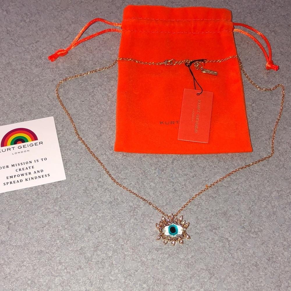 Kurt Geiger Gold Tone Necklace Crystal Dome Evil Eye Pendant Crystal Accents NWT